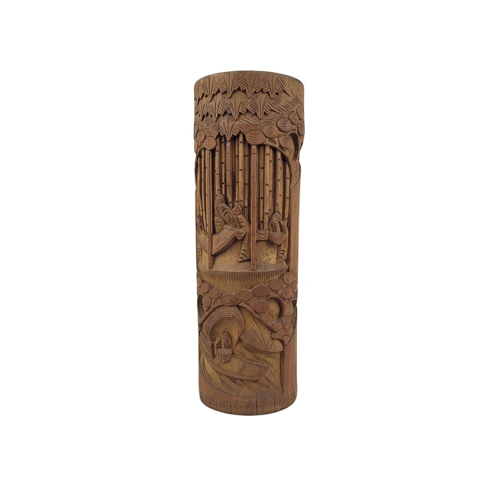 Vintage Hand Carved Bamboo Brush Pot Vase Asian Forest Relief Scene 12 Inch